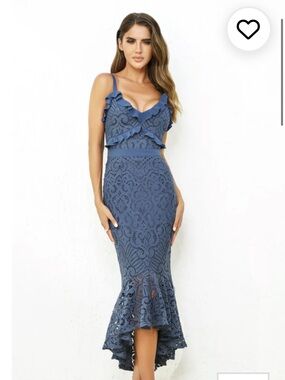 Lady Black Tie Lace Ruffle Dress - Dusty Blue